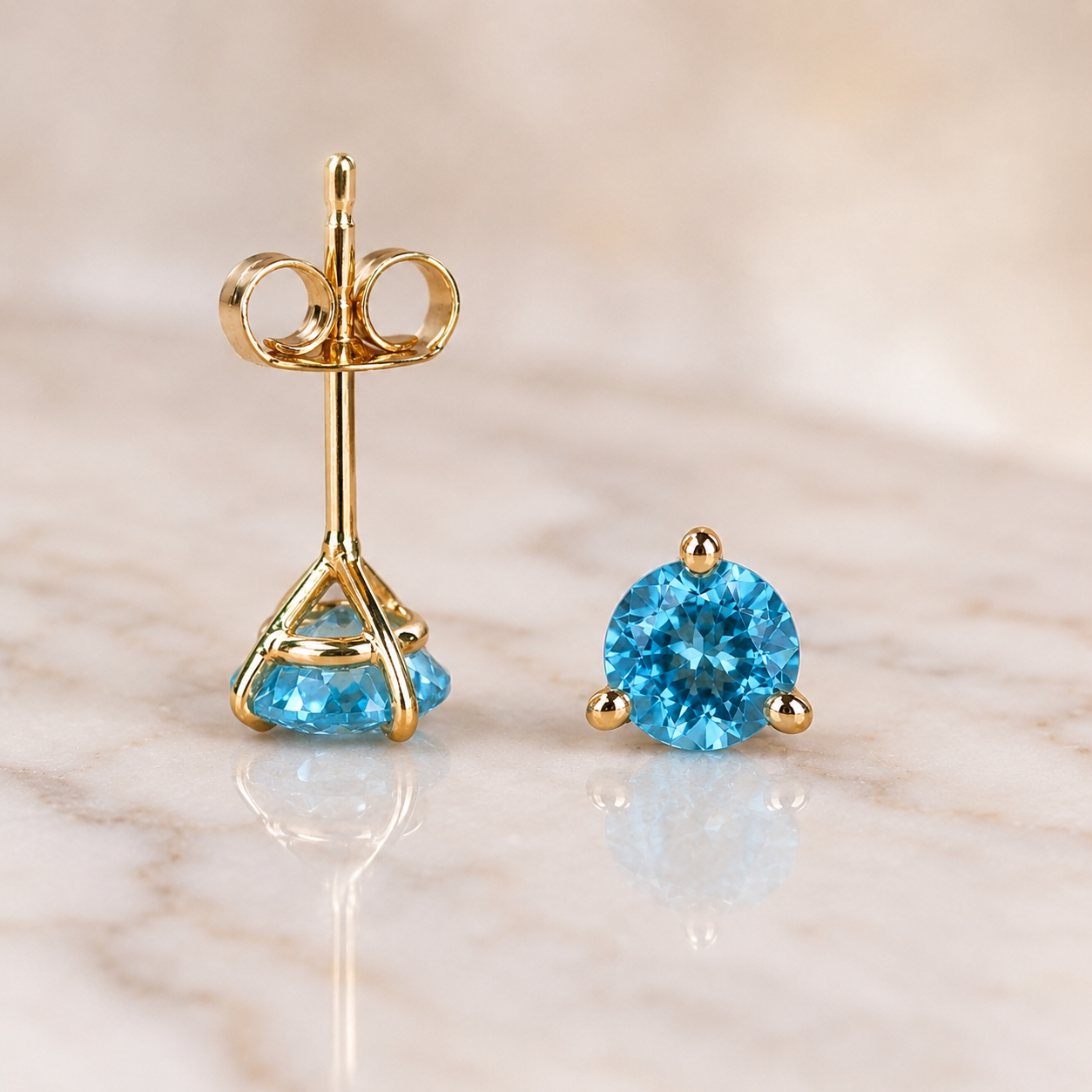 1.93cttw Round Blue Topaz Stud Earrings 14K Yellow Gold Prong Set Push Back