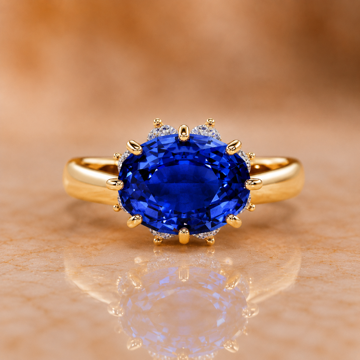 4 Ct Oval Lab Grown Blue Sapphire Engagement Ring – Diamond Cluster Halo, 14K Gold