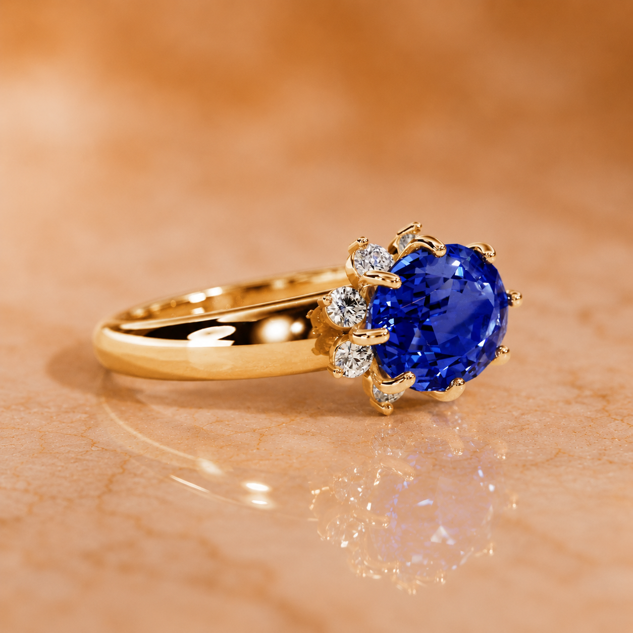4 Ct Oval Lab Grown Blue Sapphire Engagement Ring – Diamond Cluster Halo, 14K Gold