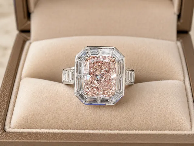 Pink Radiant Lab Grown Diamond Engagement Ring – Baguette Halo 14K White Gold – Channel-Set Shoulders - alternate view