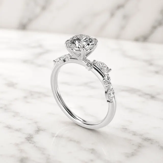 Round Lab Grown Diamond Engagement Ring Marquise Side Stone 14K White Gold IGI Certified 1 Carat - alternate view