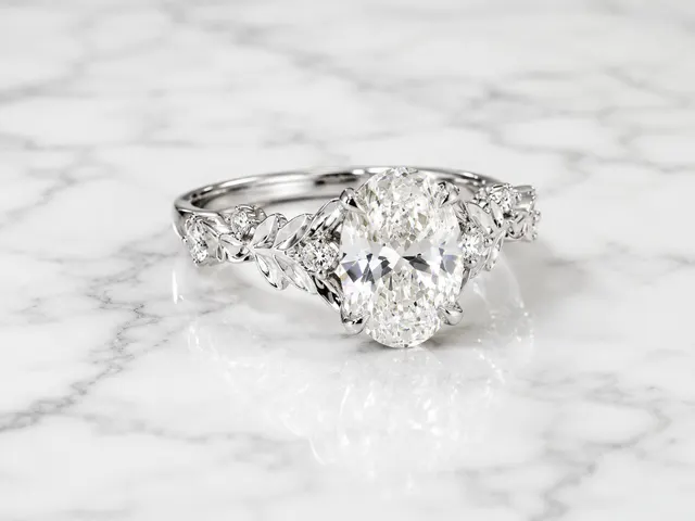Oval Lab Grown Diamond Floral Engagement Ring Leaf & Vine Solitaire 14K White Gold Claw Prong Setting - alternate view