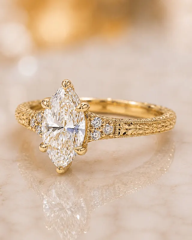 Marquise Lab Grown Diamond Engagement Ring Vintage Hand-Engraved 14K Yellow Gold IGI Certified 1ct E-VVS2 - alternate view