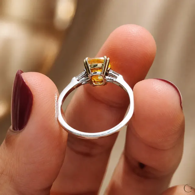 Yellow Cushion Lab Grown Diamond Engagement Ring Three Stone 14K White Gold Tapered Baguette, IGI Certified - alternate view
