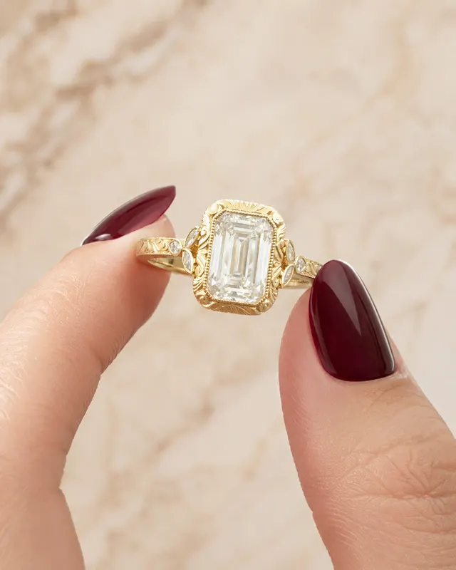 Emerald Cut Lab Grown Diamond Engagement Ring – Vintage Bezel 14K Yellow Gold – 2ct E VVS2 - alternate view