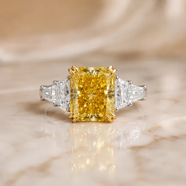 Canary Yellow Radiant Engagement Ring Five Stone 14K Yellow Gold –VVS2 Trapezoid Baguette Sides