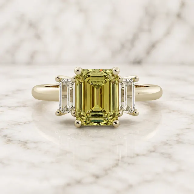 Yellow Emerald Cut Lab Sapphire Engagement Ring Three Stone Basket 14K Yellow Gold Baguette Diamond Accents