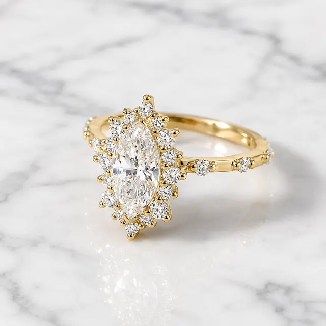 Marquise Lab Grown Diamond Engagement Ring Vintage Alternating Halo Solid Gold E VVS2 Accent Diamonds - alternate view