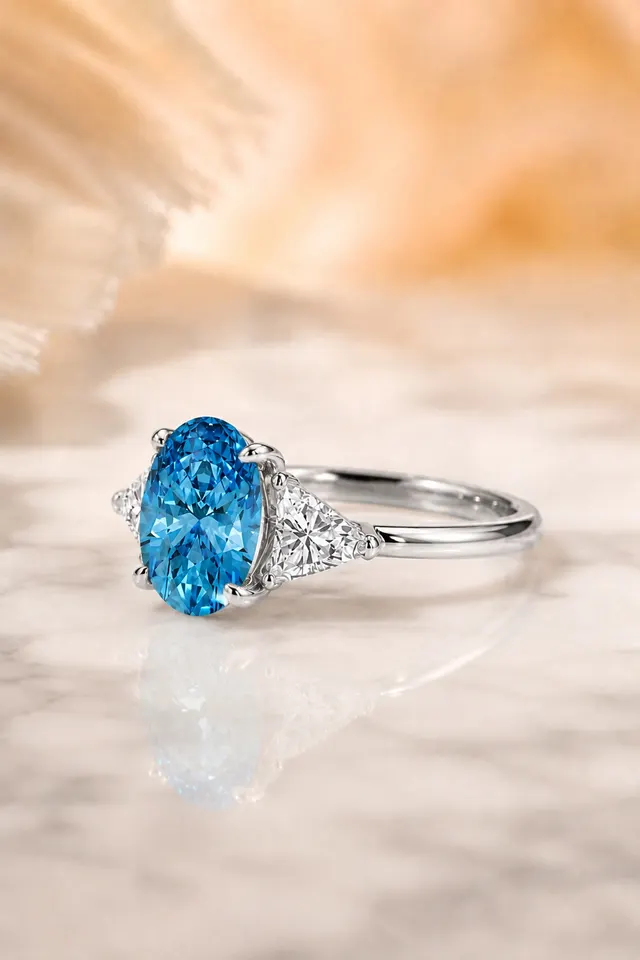 Fancy Blue Oval Lab Grown Diamond Engagement Ring Three Stone Trillion 14K White Gold IGI Certified 3 Carat - alternate view