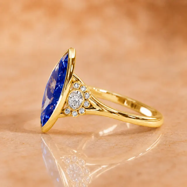 Marquise Lab Grown Blue Sapphire Engagement Ring Diamond Halo Bezel 14K Yellow Gold Split Shank - alternate view