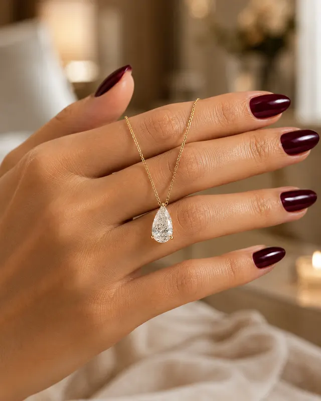 Pear Lab Grown Diamond Solitaire Pendant Necklace Prong Set 14K Yellow Gold Delicate Cable Chain - alternate view