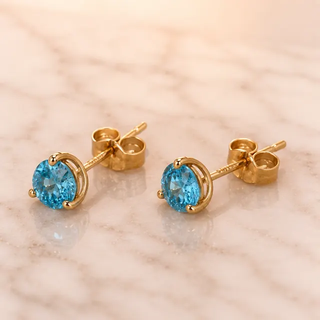 Round Blue Topaz Stud Earrings – Solitaire Prong 14K Yellow Gold – 1.93 cttw Push Back - alternate view