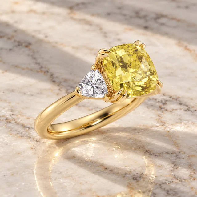 Fancy Yellow Cushion Lab Grown Diamond Engagement Ring – Three Stone 14K Yellow Gold Trillion Accents - alternate view