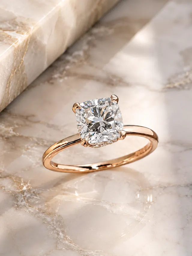 Cushion Lab Grown Diamond Engagement Ring Hidden Halo Solitaire 14K Yellow Gold IGI Certified - alternate view