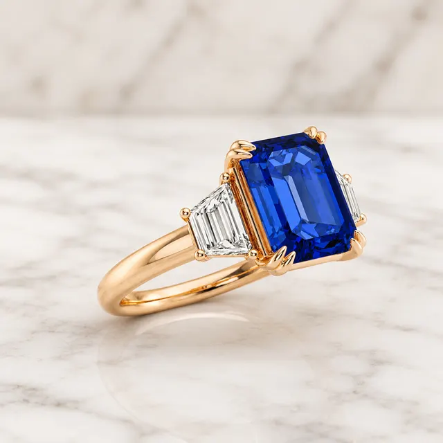 Emerald Cut Sapphire Lab Grown Diamond Engagement Ring Three Stone Trapezoid 14K Rose Gold 1ct E VVS2 - alternate view