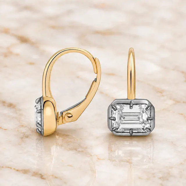 Emerald Cut Lab Grown Diamond Drop Earrings Bezel Set 14K Yellow Gold 2ct Lever Back - alternate view