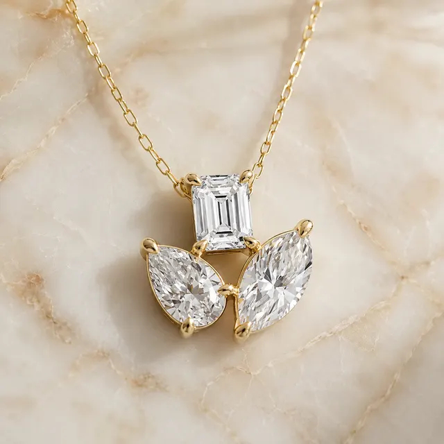 Multi-Shape Lab Grown Diamond Three Stone Pendant Fan Prong 14K Yellow Gold – 2.78ctw E VVS2