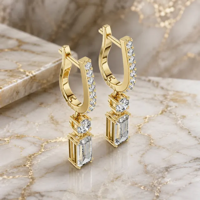 Emerald & Round Lab Grown Diamond Drop Earrings Pavé 18K Gold Dangle Design - alternate view