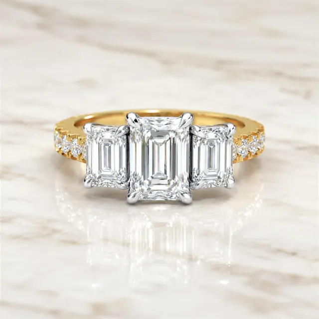 Emerald Cut Lab Grown Diamond Engagement Ring Three Stone 14K Yellow Gold IGI Certified 4 Carat