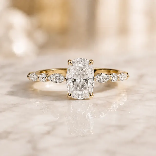 Cushion Lab Grown Diamond Engagement Ring Hidden Halo 18K Yellow Gold Elongated Claw Solitaire 2 Carat