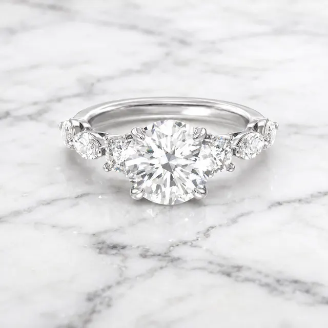 Round Lab Grown Diamond Engagement Ring Side Stone 14K White Gold E VVS2 4.2 Carat, IGI Certified