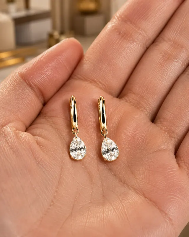 Pear Lab Grown Diamond Drop Hoop Earrings 14K Yellow Gold 1.06ct Free-Hanging Suspended Pair