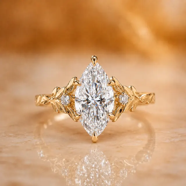 Marquise Lab Grown Diamond Engagement Ring – Floral Leaf Shank 14K Yellow Gold – IGI Certified 3.02 Carat E VVS2
