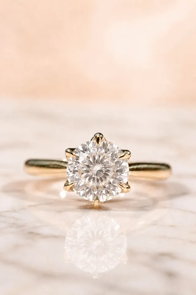 Round Portuguese Cut Lab Grown Diamond Engagement Ring Floral Petal Prong Solitaire 14K Gold – 161 Facet Cathedral Setting