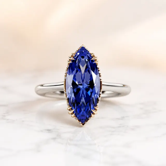Marquise Blue Sapphire Engagement Ring Two-Tone Halo 14K Gold Lab Grown Diamond Pavé Setting
