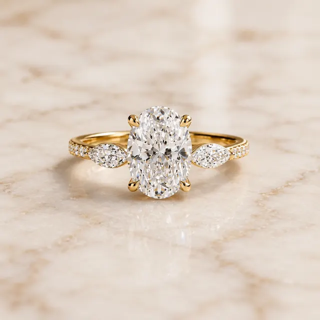 Oval Lab Grown Diamond Engagement Ring Marquise Side Stone Pavé 14K Yellow Gold IGI Certified 2ct