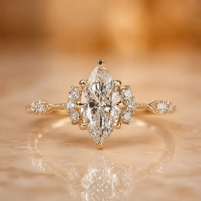 Marquise Lab Grown Diamond Engagement Ring Vintage Halo Milgrain 14K Gold IGI Certified 1 Carat E VVS2