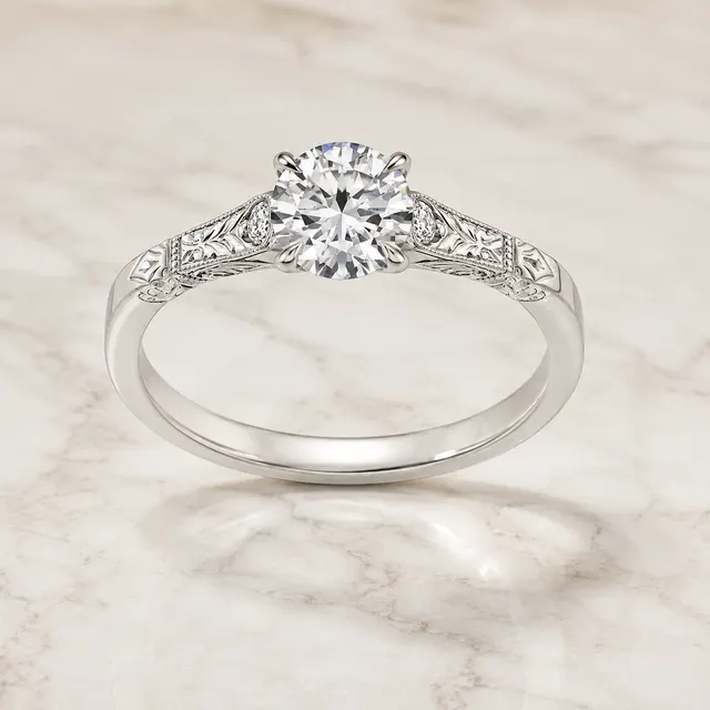 Round Lab Grown Diamond Engagement Ring Vintage Solitaire 14K White Gold Hand-Engraved Accent Setting