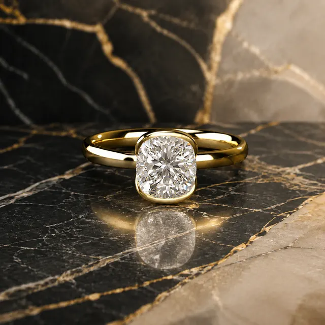 Cushion Lab Grown Diamond Engagement Ring Half Bezel Solitaire 14K Yellow Gold IGI Certified 1 Carat