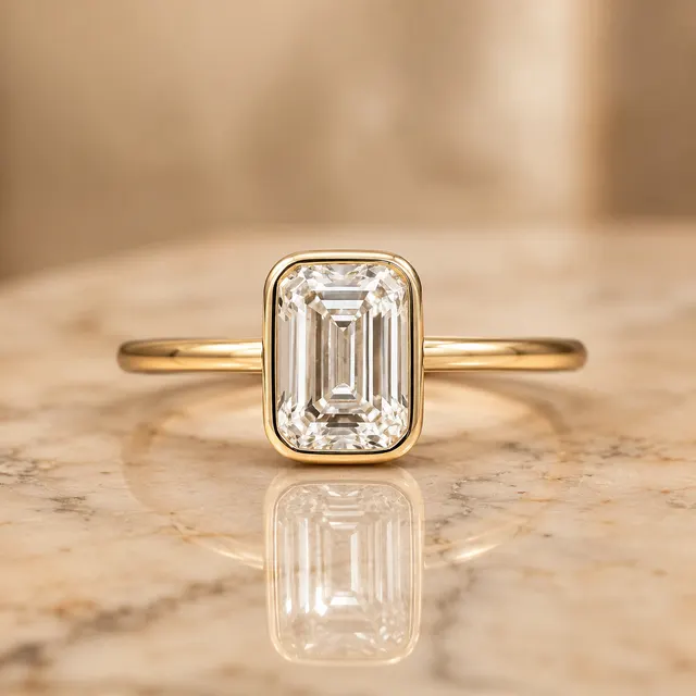 Emerald Cut Lab Grown Diamond Engagement Ring Bezel Solitaire 14K Yellow Gold IGI Certified 2 Carat E VVS2
