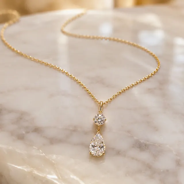 Pear Lab Grown Diamond Drop Pendant Necklace Two Stone Prong 14K Yellow Gold IGI Certified 2.70 CTW