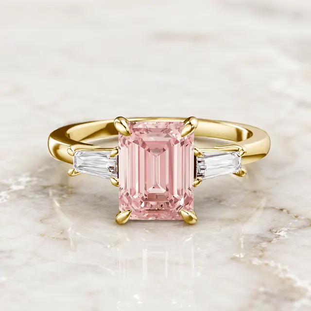 Pink Emerald Cut Lab Grown Diamond Engagement Ring Three Stone Tapered Baguette 14K Yellow Gold IGI Certified