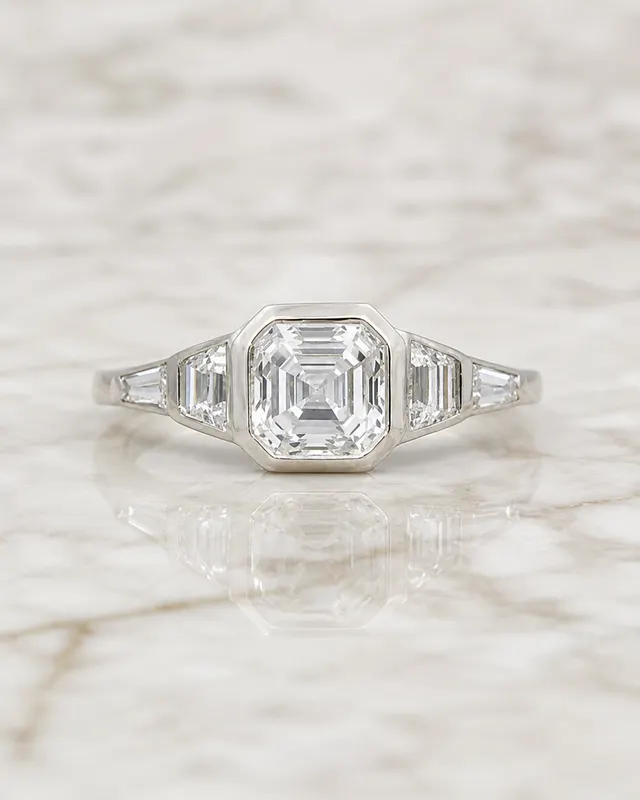 Asscher Lab Grown Diamond Engagement Ring – Five Stone Bezel 14K Gold – 2ct Art Deco Step Cut