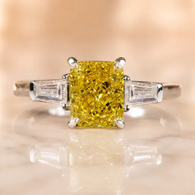 Vivid Yellow Radiant Lab Grown Diamond Engagement Ring Three Stone Baguette 14K White Gold IGI Certified 2ct