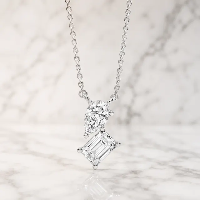 Emerald & Pear Lab Grown Diamond Pendant Necklace Two Stone 14K White Gold E VVS2 1ct