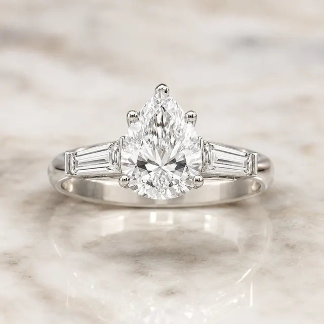 Pear Cut Lab Grown Diamond Engagement Ring Three Stone 14K Yellow Gold Tapered Baguette Side Stones