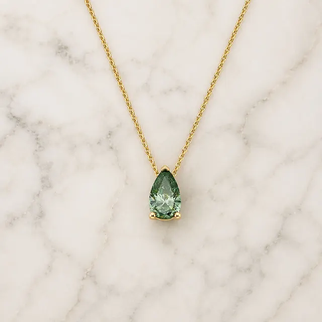 Green Pear Lab Grown Diamond Solitaire Pendant Three Prong 18K Yellow Gold Necklace