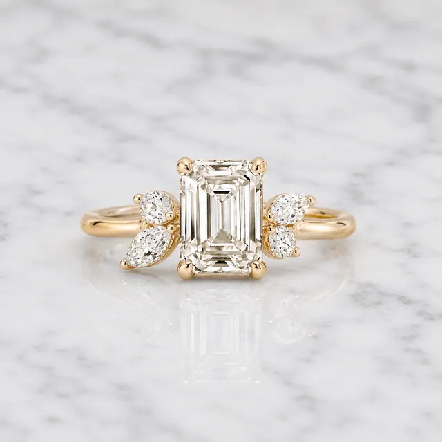 Emerald Cut Lab Grown Diamond Engagement Ring Floral Side Stone 14K Rose Gold IGI Certified 2 Carat E VVS2