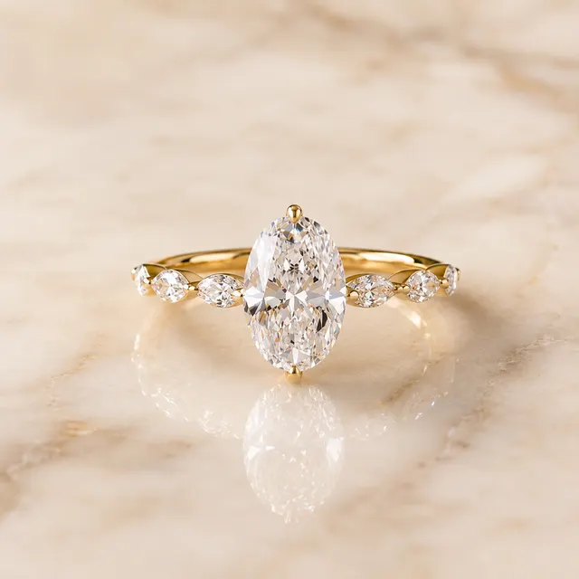 Oval Lab Grown Diamond Engagement Ring Marquise Accent 14K Yellow Gold – Solitaire Vintage-Inspired Band