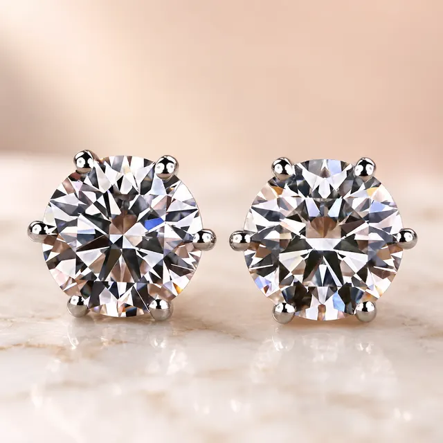 Round Lab Grown Diamond Stud Earrings – Six Prong Solitaire 14K White Gold – IGI Certified 2 Carat
