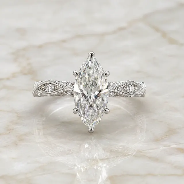 Marquise Lab Grown Diamond Engagement Ring Vintage Vine 14K White Gold Filigree Milgrain Side Stones