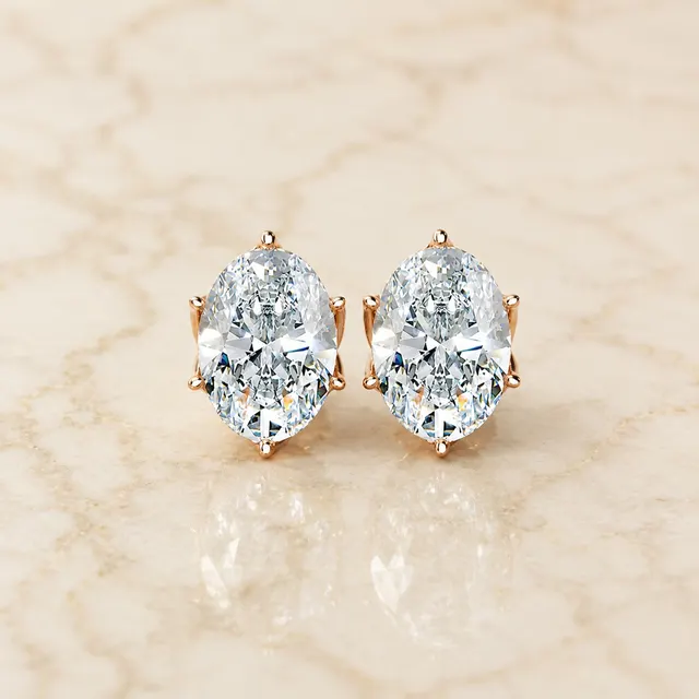Oval Lab Grown Diamond Stud Earrings Solitaire 14K Rose Gold IGI Certified 2ct Screw-Back