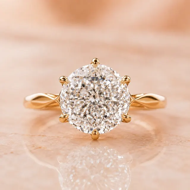 Round Portuguese Cut Lab Grown Diamond Engagement Ring – Six Prong Solitaire 14K Yellow Gold – IGI Certified E VVS2