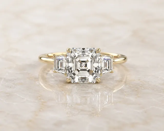 Asscher Cut Lab Grown Diamond Engagement Ring Three Stone 14K Yellow Gold Trapezoid Side Stones