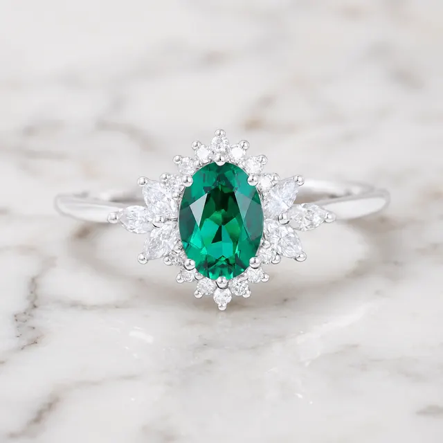 Oval Emerald Lab Grown Diamond Engagement Ring Halo 14K Gold Green Gemstone Bridal Ring