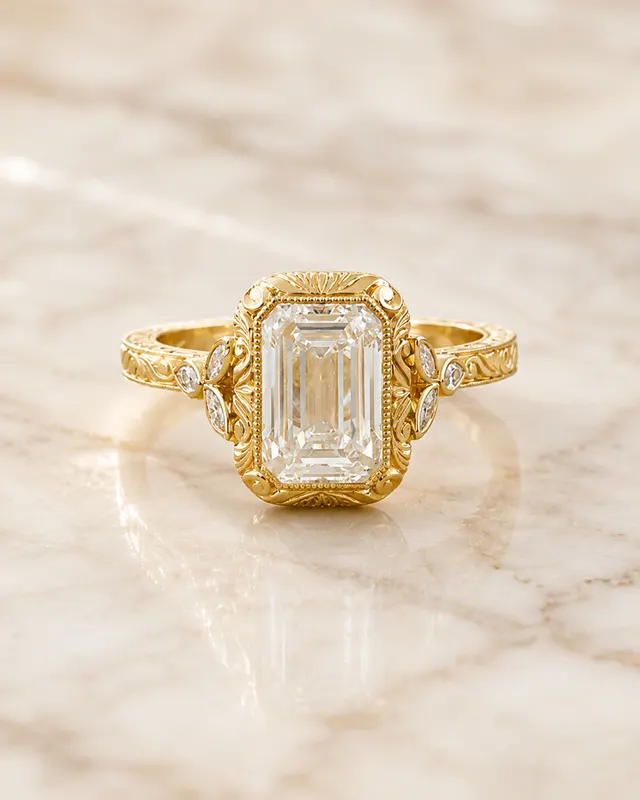 Emerald Cut Lab Grown Diamond Engagement Ring – Vintage Bezel 14K Yellow Gold – 2ct E VVS2
